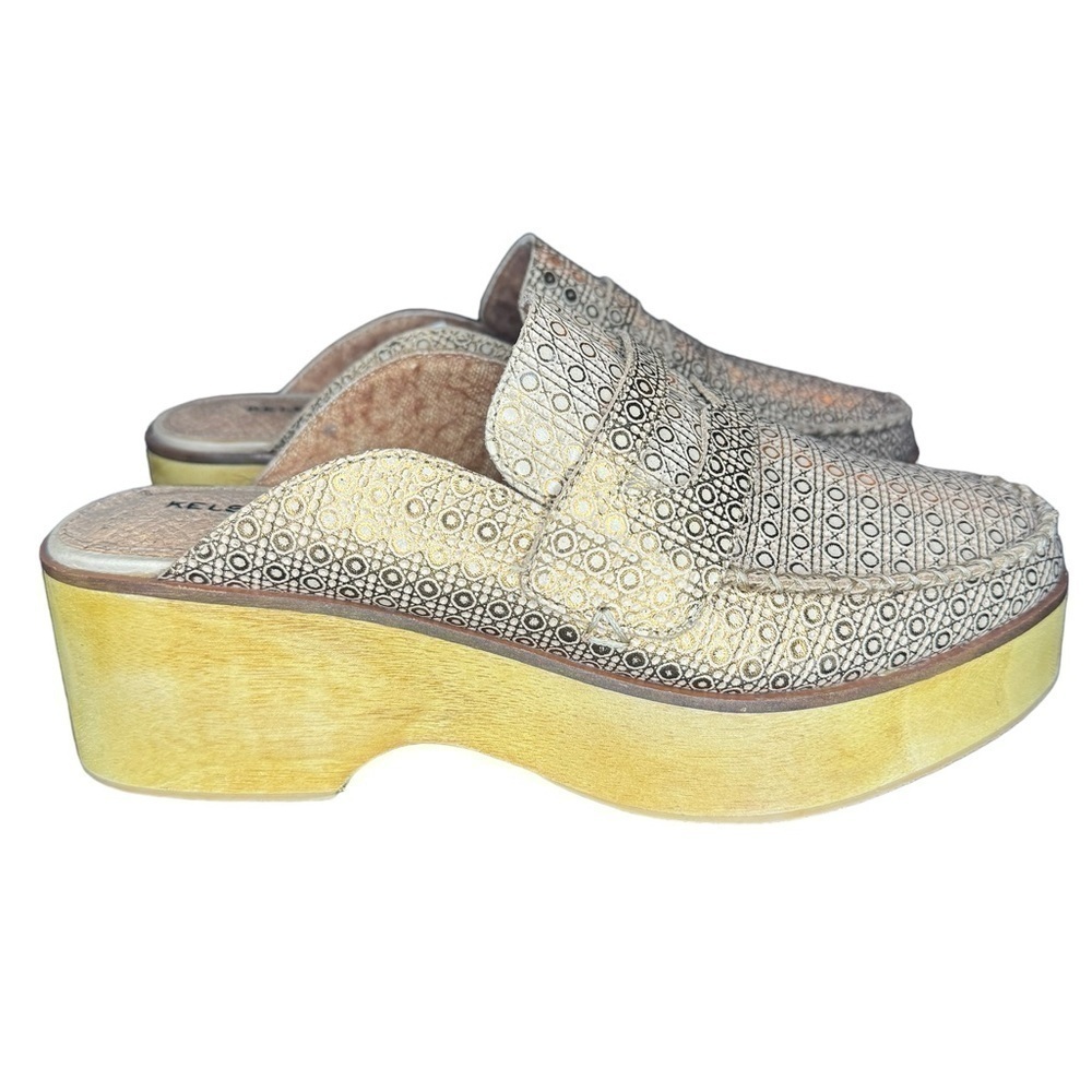 Kelsi Dagger Brooklyn Window Leather Wooden Platform Mules Size 8
